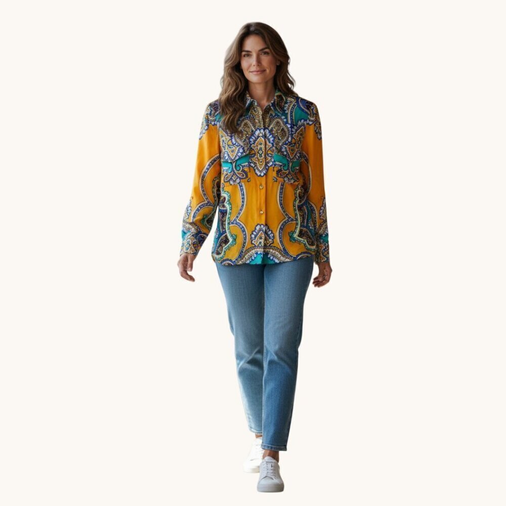 Hale Bob Women's Button Down 100% Silk Multi Color Yellow Blouse Paisley Print M - Picture 2 of 16